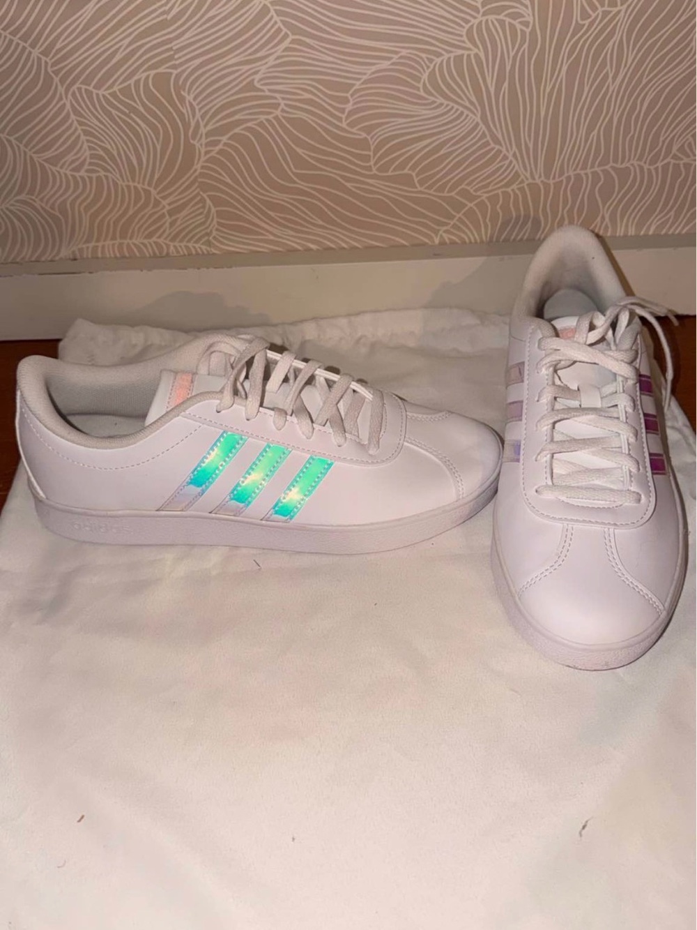 adidas White Sneakers with Iridescent Blue Stripes
